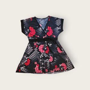 Vintage Y2k black and red floral v-neck empire waist flowy babydoll shirt